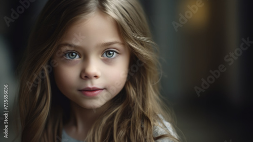 Studio portrait of a young female child with large green eyes and wearing a subtle smile. Long brown hair and childlike innocence.  © Daniel L