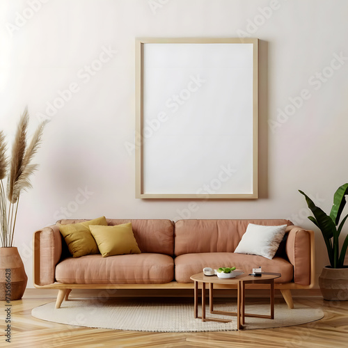 Frame mockup, ISO A paper size. Living room wall poster mockup. Interior mockup with house background. Modern interior design. 3D render © fahim