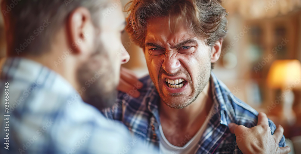 Angry man is aggressive, have conflict with young man, holding him by shirt, screaming, threatening him. Friend helping to end fight.
