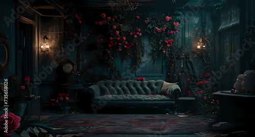 a dark room with roses and a sofa