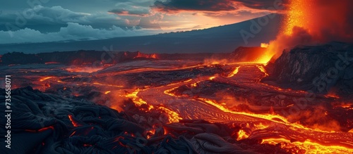 Spectacular view of molten lava streams cascading into the vast ocean expanse in stunning natural phenomenon
