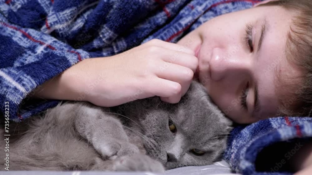 Sleepy Child Hugging, Stroking with a Fluffy Cat, Lying on a Bed in a Bedroom. Close up. Tired happy caring boy in pajamas is resting with his beloved pet. Love, care, affection, friendship with pets. Sleepy Child Hugging, Stroking with a Fluffy Cat, Lying on a Bed in a Bedroom. Close up. Tired happy caring boy in pajamas is resting with his beloved pet. Love, care, affection, friendship with pets.