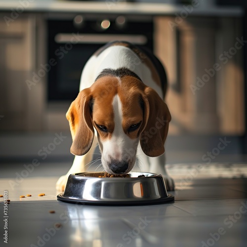Beagle dog eating food from a bowl on the floor at home