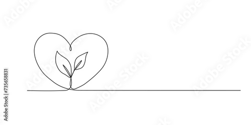 One continuous line growing sprout with heart. Hand drawn doodle line art plant photo