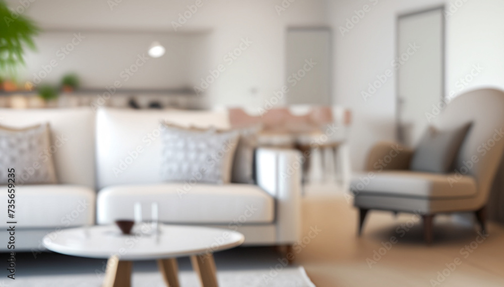 Blurred view of living room interior with white sofa, armchair and coffee table Blurred view of living room interior with white sofa, armchair and coffee table