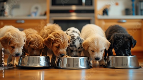 Group of hungry puppies with bowls of dog food at home. Selective focus. photo