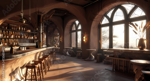 a huge bar has very large windows and many chairs