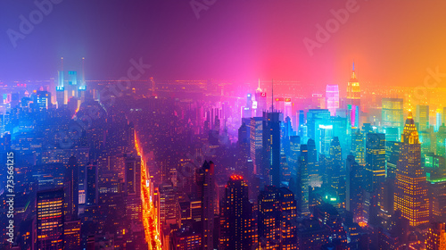 Up view in financial district, Manhattan, New York, Las Vegas strip, Aerial view, Smart city and abstract dot point connect with gradient line, Generative AI