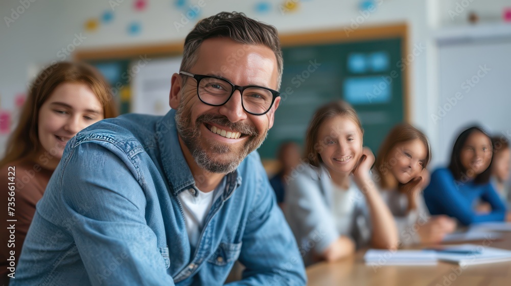 A smiling male teacher, with happy students in the background. A smiling male teacher, with happy students in the background.