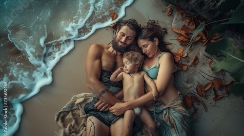 Homeless poor people are sleeping on the beach near the sea. Family of man, woman and their child lye on sand. View from top.