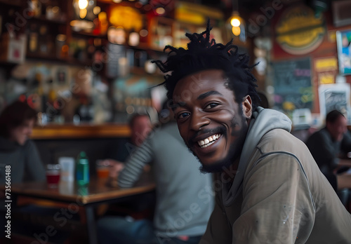 a male black man smiling at a table in a bar