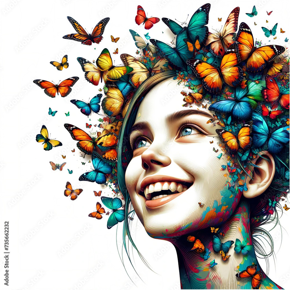 Joyful Woman with Butterflies Illustration