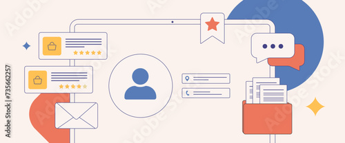 Craft detailed customer profiles for strategic marketing. Explore client relationships, buying patterns, favorites, likes, feedbacks, demographics, customer management. Isolated vector illustration