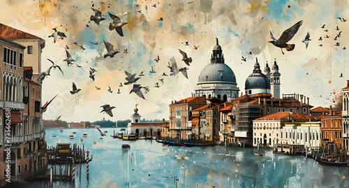 birds flying over the city of venice