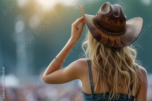 Back view of woman attending country music concert, sporting cowboy hat. Perfect for country music event promotions.