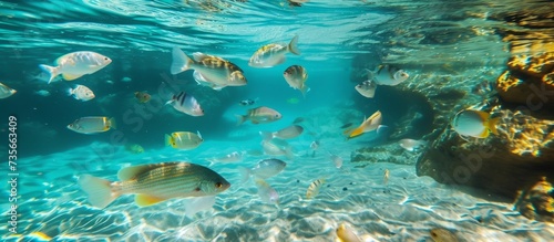 A colorful school of fish swimming gracefully in a crystal clear pool of water