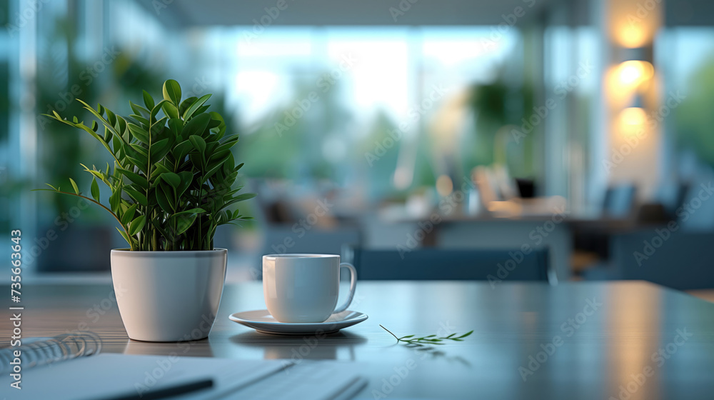 Contemporary office background with coffee cup and plant on table, for corporate branding material, business presentations, websites, interior design. Contemporary office background with coffee cup and plant on table, for corporate branding material, business presentations, websites, interior design.