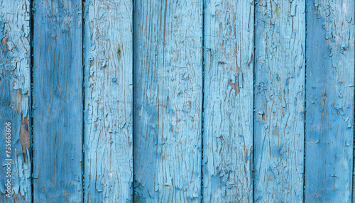 Natural Rustic Old Wood Board Wall Faded Blue Color Background. Wooden Vintage Style Texture. Wood Surface Fence Panel with Peeling Paint Close up. Wide Horizontal Image Copy Space.
