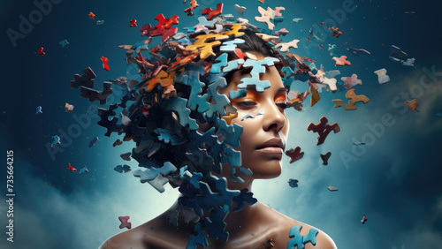 3d Human head shaped jigsaw puzzle, a missing piece of the brain puzzle. Autism, demential, epilepsy and alzheimer awareness, seizure disorder, world mental health and problems with memory. photo