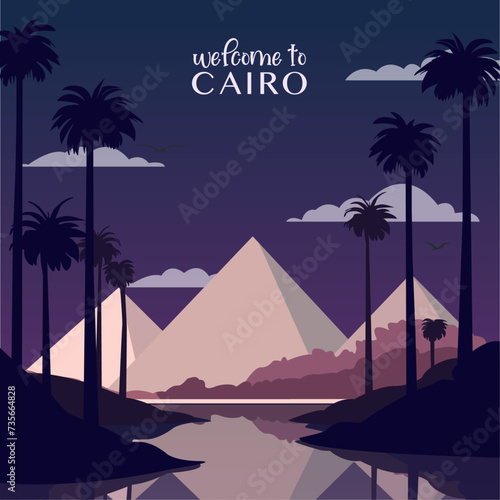 Pyramid complex  Cairo retro city poster with abstract shapes of skyline  buildings at night. Vintage Egypt landmark travel vector illustration