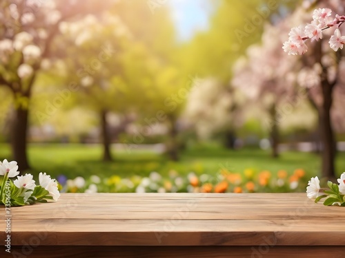 Wooden table with tulip flowers on blurred background. Spring concept. AI Generated