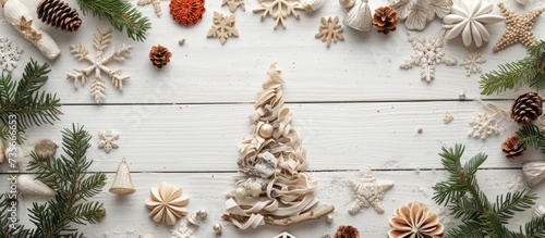 Festive Christmas Ornaments and Decorations on Rustic White Wood Background for Holiday Celebration and Winter Season