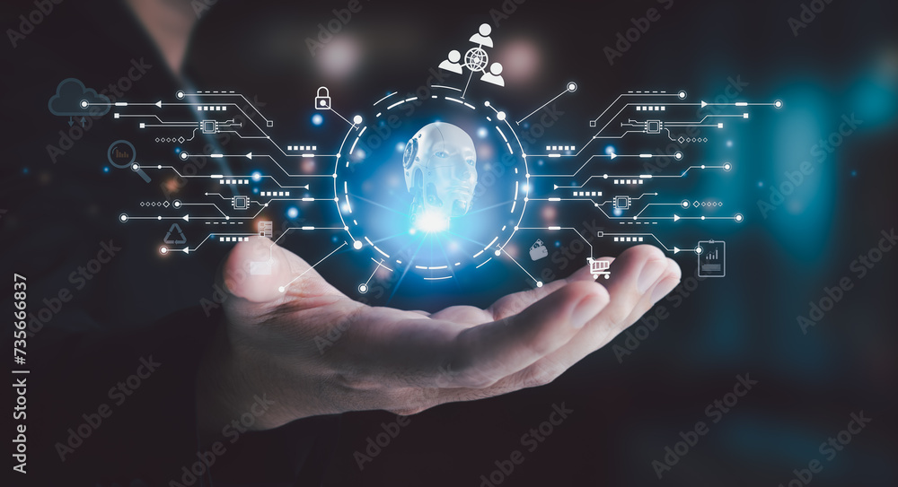 Businessman is showing concept of future technology and internet connection network with AI as controller. A graphic floated in the air on his hand. Data center network concept. Businessman is showing concept of future technology and internet connection network with AI as controller. A graphic floated in the air on his hand. Data center network concept.