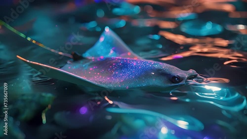 A stingray gracefully gliding through the water its body outlined in shimmering neon lights. photo