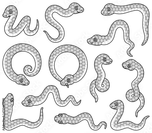色んなポーズの蛇のイラスト【モノクロ・セット】