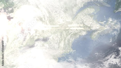 Earth zoom in from space and focus on Plattsburgh, New York, USA. 3D Animation. Satellite view. Background for travel intro. Images from NASA. photo