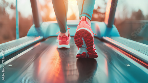A person jogging on a treadmill at dusk, fitness and health concept in an indoor setting.
