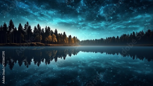 A calm, starlit night sky reflected in a still lake, surrounded by the silhouette of trees