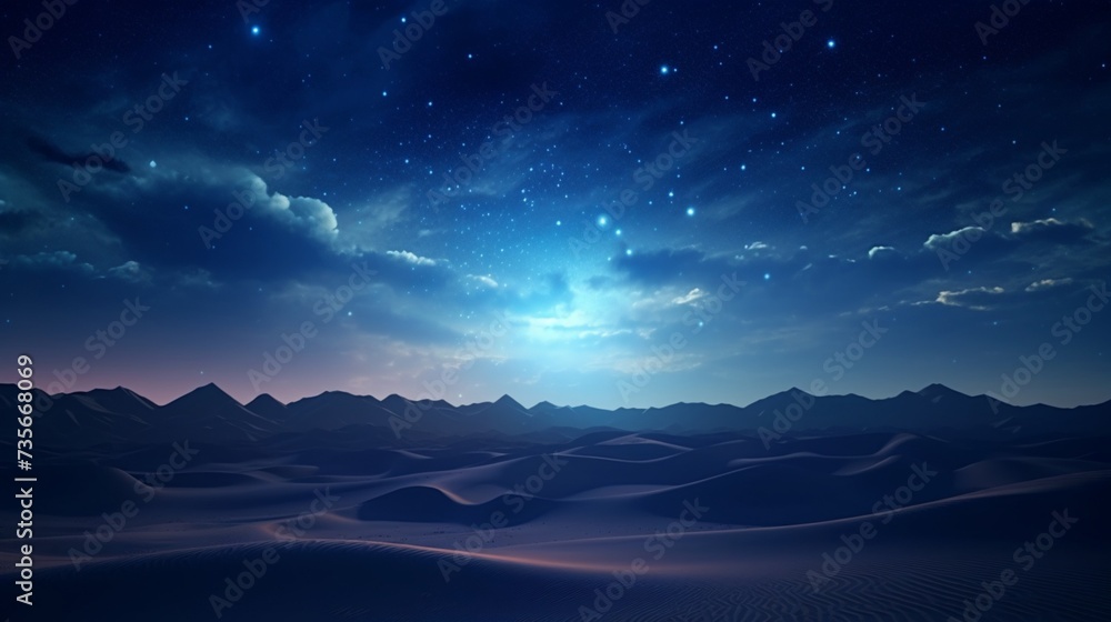 A night sky filled with stars over a serene desert, the Milky Way clearly visible, inspiring awe and tranquility