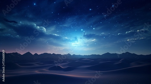 A night sky filled with stars over a serene desert, the Milky Way clearly visible, inspiring awe and tranquility