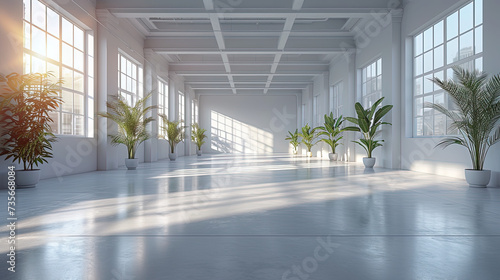 The interior of an empty room with white marble floor, designed roof, windows and plants. Created with Ai