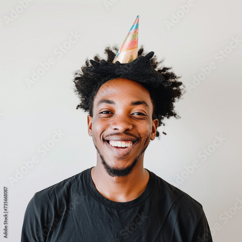 Smiling guy wearing a party hat on a white background photo