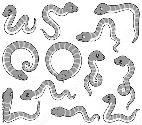 色んなポーズの蛇のイラスト【モノクロ・セット】