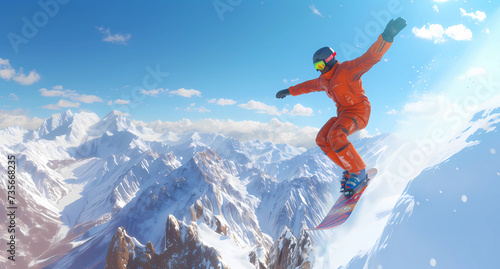 a snow boarder is flying high over a mountain