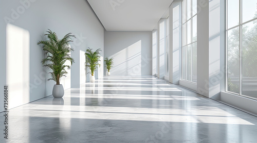 Interior of a house with white shiny marble floor  white walls  windows and plants. Created with Ai
