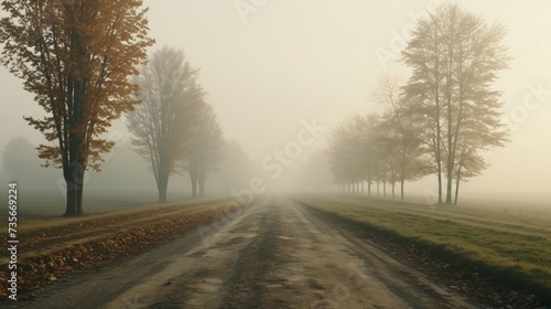 A quiet  foggy morning on a country road  the landscape shrouded in mist  creating a sense of mystery and calm