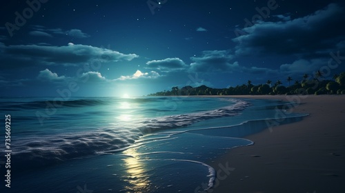 A quiet, moonlit beach, the sand soft and cool, the waves whispering against the shore, a moment of solitude and peace © JollyGrapher