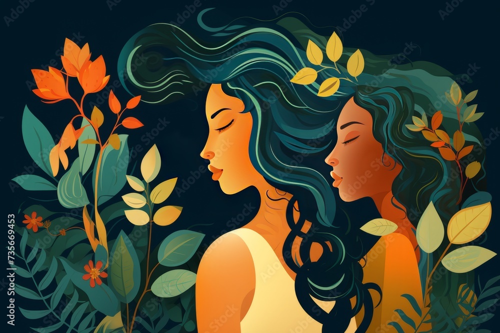 illustration of women from the side surrounded by leaves and flowers for women's day celebration banner