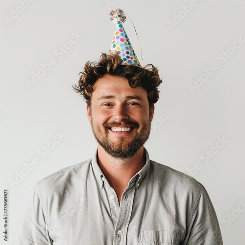 Smiling guy wearing a party hat on a white background photo