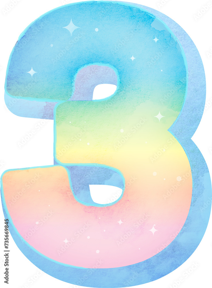 Watercolor illustration Lettering Number 3 Watercolor illustration Lettering Number 3