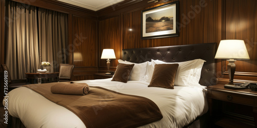 Plush and Deluxe Hotel Bedroom Interior. Hotel room featuring plush furnishings and a luxurious atmosphere. © AI Visual Vault