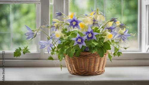 Colorful Columbine  flowers in basket near window.