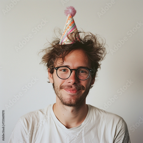 Smiling guy wearing a party hat on a white background photo