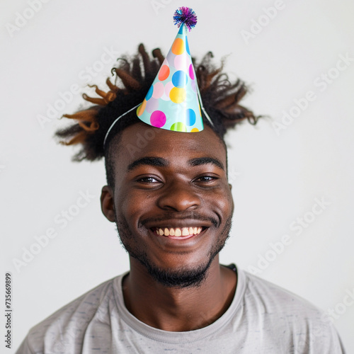 Smiling guy wearing a party hat on a white background photo