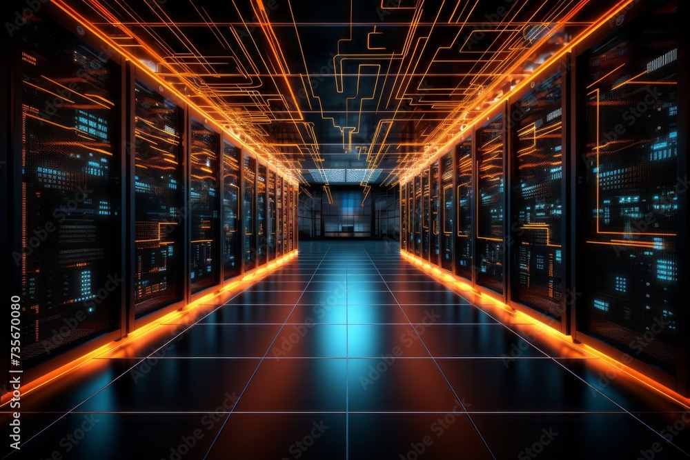 interior of data center server room at night illuminated by orange lights with rows of black cabinets protecting servers with display of data numbers