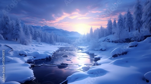 A snowy landscape at dusk, the world quiet and calm, with soft snowflakes falling © Jigxa